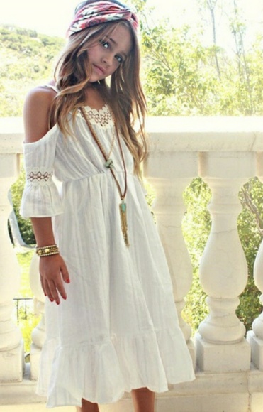 🆕️ 🌸Girls' Cold Shoulder Boho Dress - Picture 3 of 8